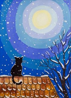 a painting of a cat sitting on top of a roof looking at the night sky