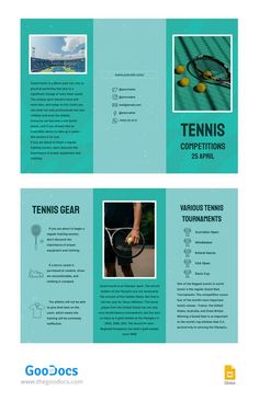 a brochure with tennis rackets and balls on the cover, as well as an info sheet