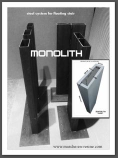 an advertisement for monolith showing three tall metal structures in black and white with the words monolith below it