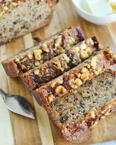 slices of banana nut bread on a cutting board