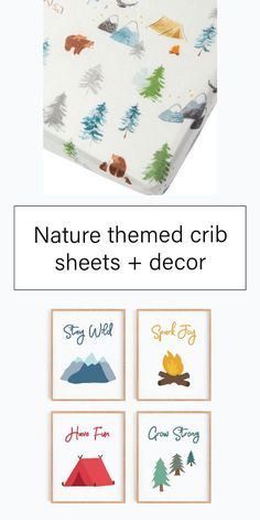 Colorful nature themed crib sheets and camping wall art Camping Themed Nursery, Space And Nature, Nature Themed Nursery, Best Crib, Cute Nursery, Nursery Artwork, Baby Sheets