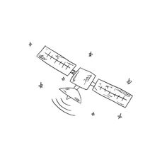 a drawing of a satellite flying in the sky with stars around it and an arrow pointing up