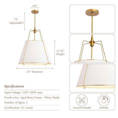 an image of a light fixture with measurements for the shade and width, as well as instructions