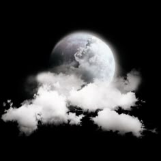 the full moon is seen through clouds in this black and white photo with a dark background