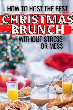 a christmas brunch with orange juice and croissants on the side