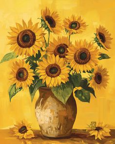 a painting of sunflowers in a vase on a yellow background with green leaves