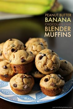 chocolate chip muffins stacked on top of each other in a blue and white plate