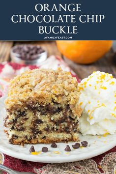 an orange chocolate chip buckle cake on a plate with ice cream