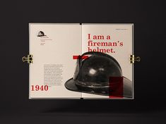 an open book with a helmet on the front and back cover is shown in red