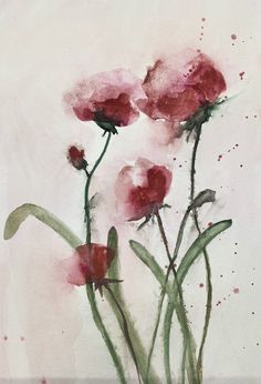 watercolor painting of pink flowers on white paper with green stems in the foreground