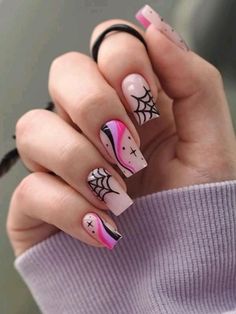 Black And Pink Fall Nails, Spider Web Gel Nails, Nail Designs Tips Only Ideas, Halloween Nails 2023 Coffin, Jonas Brother Nail Ideas, Halloween Nail Designs Acrylic Coffin Short, Easy Pink Halloween Nails, Halloween Style Nails, Trending Halloween Nails