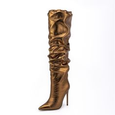 Shop Bronzing-gold Shiny Fashion Knee High Boots Pointed Toe Stiletto Heel Slouch Boots color Golden for Anniversary, Dancing Club, Going out with worldwide Free shipping & Free return. Chic Gold Knee-high Boots For Evening, Elegant Pointed Toe Gold Knee-high Boots, Fitted Gold Knee-high Boots, Gold Fitted High Heel Knee-high Boots, Luxury Gold Knee-high Boots, Knee High Stiletto Boots, Dance Club, Slouched Boots, Stiletto Boots