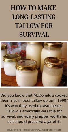 some jars with candles in them and the words how to make long - lasting tallow for