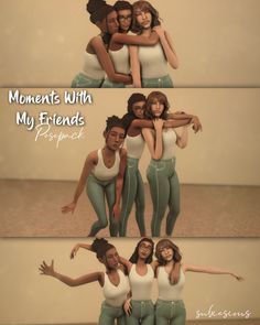 three women are hugging each other in different poses