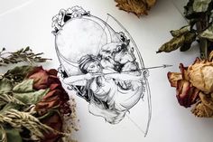 a drawing of two people holding an arrow and surrounded by dried flowers on a white surface