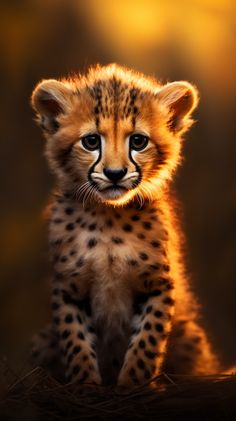 a baby cheetah cub sitting on top of a pile of hay in front of the camera