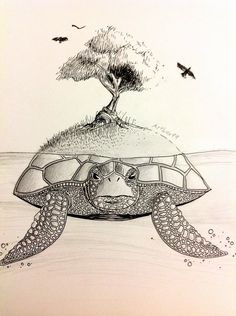 a drawing of a turtle with an island in the background and birds flying around it