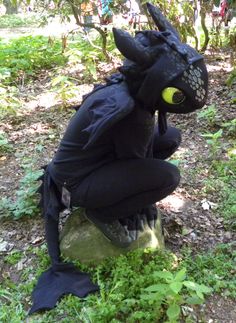 a person in a dragon costume sitting on a rock