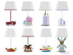 a collection of different lamps with animals and toys on them