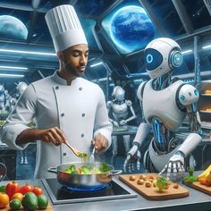 two robots cooking food in a kitchen with one holding a spoon and the other looking at another robot