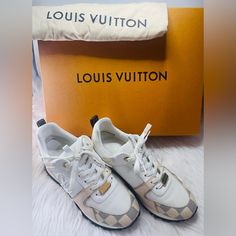 An Oversize Lv Circle Signature Adorns The Side Of The Run Away Sneaker In White And Cream With Iconic Monogram-Canvas Trim. This Advanced Design Features A Technical Outsole With A Hidden Fusbet For Extra Height And An Eye-Catching Gold-Tone Metal Stabilizer. These Shoes Are Definitely True To Size. Shoes Louis Vuitton, Louis Vuitton Shoes, The Run, Monogram Canvas, Gold Tone Metal, Design Features, Gold Tones, Louis Vuitton, Monogram