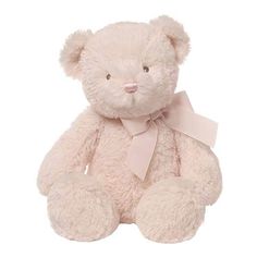 a white teddy bear with a pink bow on it's neck and eyes, sitting in front of a white background