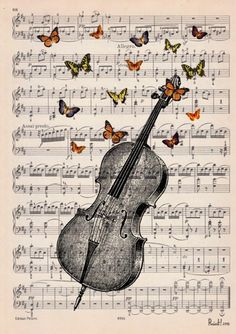 an old sheet with butterflies flying around it and a violin on top of the sheet