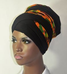 This wrap is made from a combination of black knit and Kente cotton fabric. The Kente is sandwiched between the knit creating a beautiful effect when wrapped. The wrap comes in two lengths.. https://www.etsy.com/listing/187378561/fya-volume-cap-with-anti-slip-headband?ref=shop_home_active_14 Wrap in your desired style. 35% Lycra /65% Cotton Hand wash / Machine wash Handmade in USA Adjustable Black Winter Headwrap, Black Cotton Headwrap One Size, Casual Black Turban Headband, Casual Black Headband Turban, Casual Adjustable Black Turban, Black Headwrap Headband, Hair Covering, Hair Cover, African Inspired