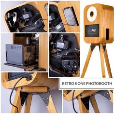 several photographs of an electronic device on a wooden tripod, with the camera attached to it