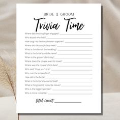 a white card with the words bride and groom trivia time written on it