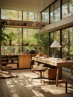 a room filled with lots of windows next to a wooden table and chair in front of a large window