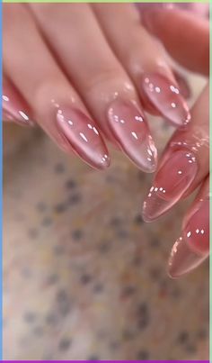 Korean Glass Nails Trends, Light Pink Cateye Nails, Almond Glass Nails, Pink Magnetic Nails Design, Blush Cat Eye Nails, Cat Eye Effect Nails Pink, Pink Cat Eyes Nail, Glass Pink Nails, Dark Pink Cat Eye Nails