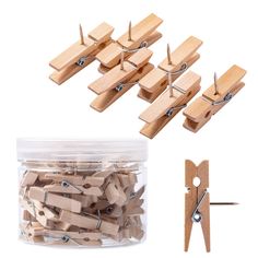 wooden clothes pegs and clips in a plastic container next to a pair of scissors