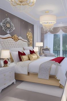 a large white bed sitting inside of a bedroom next to a chandelier and two lamps