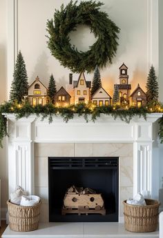 a fireplace decorated for christmas with wreaths and lights