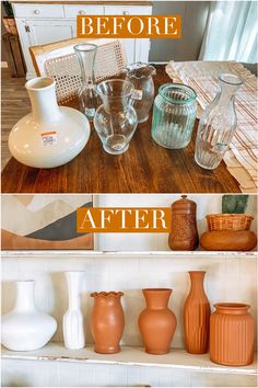 there are many vases on the shelf before and after being cleaned