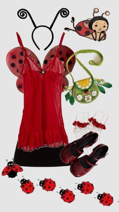 a lady bug costume with red shoes and some accessories on top of the image,