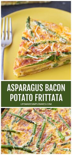 asparagus bacon potato frittata on a yellow plate