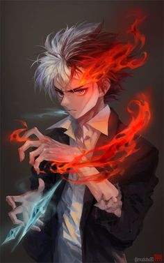 an anime character with white hair and red flames