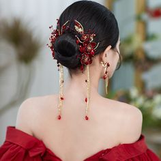 Chinese Wedding Hair, Asian Hair Accessories, Red Fairy, Hair Earrings, Traditional Hairstyle, Wedding Hair Jewelry, Chinese Hair Accessories, Earrings Sets, Fairy Jewelry