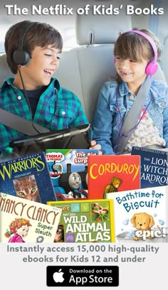 two children sitting in the back seat of a car with headphones on, reading books