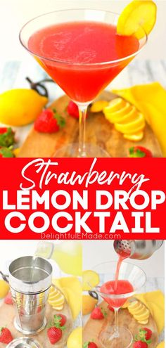 the lemon drop cocktail is ready to be served in a coupe glass and garnished with strawberries