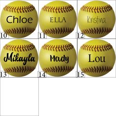 six baseballs with names on them and numbers for each player to pick up in the game