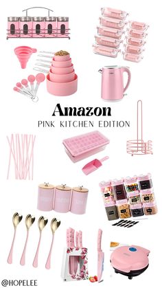 pink kitchen items and utensils on display