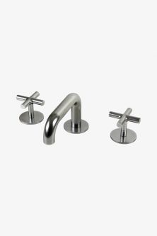 three chrome faucets with cross handles on white background