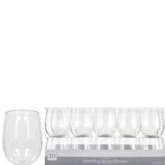 the stemless wine glasses are lined up next to each other on a white background