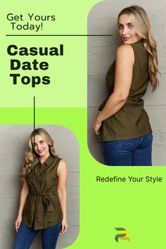 Elevate your casual date outfit for women with our green sleeveless collared button top. Perfect for a casual dinner date outfit or cute clothes for women, this trendy sleeveless top creates an effortlessly chic outfit. Dress to impress with trendy outfits for women, trendy fall clothes, or as a college outfit for ladies, embodying modern fashion trends 2024. Casual Dinner Date Outfit, Trendy Fall Clothes, Casual Date Outfit, Outfit For Ladies, Trendy Outfits For Women, Dinner Date Outfit, Modest Church Outfits