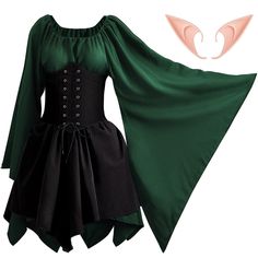 PRICES MAY VARY. Medieval Renaissance Style Costume Set: you will receive a Halloween Renaissance Irish corset skirt in green and black colors, a pair of long elf ears in skin color; The classic color matching makes them full of medieval and Renaissance flavor, which are suitable for Halloween dressing Size Information: the size of the retro flared sleeve corset skirt is M, the bust is approx. 92 cm/36.22 inches, the waist is approx. 75 cm/ 29.53 inches and it can be adjusted through the waistba Long Sleeve Corset Dress, Medieval Costume Women, Irish Dress, Long Sleeve Corset, Medieval Cosplay, Corset Skirt, Medieval Costume, Mini Dress Fashion, Medieval Dress