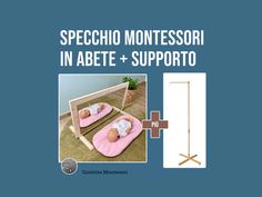 a baby laying on top of a pink mat in front of a mirror with the words specchio montessori in abete + supporto