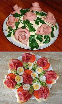 two plates with food on them, one has eggs and the other has hams